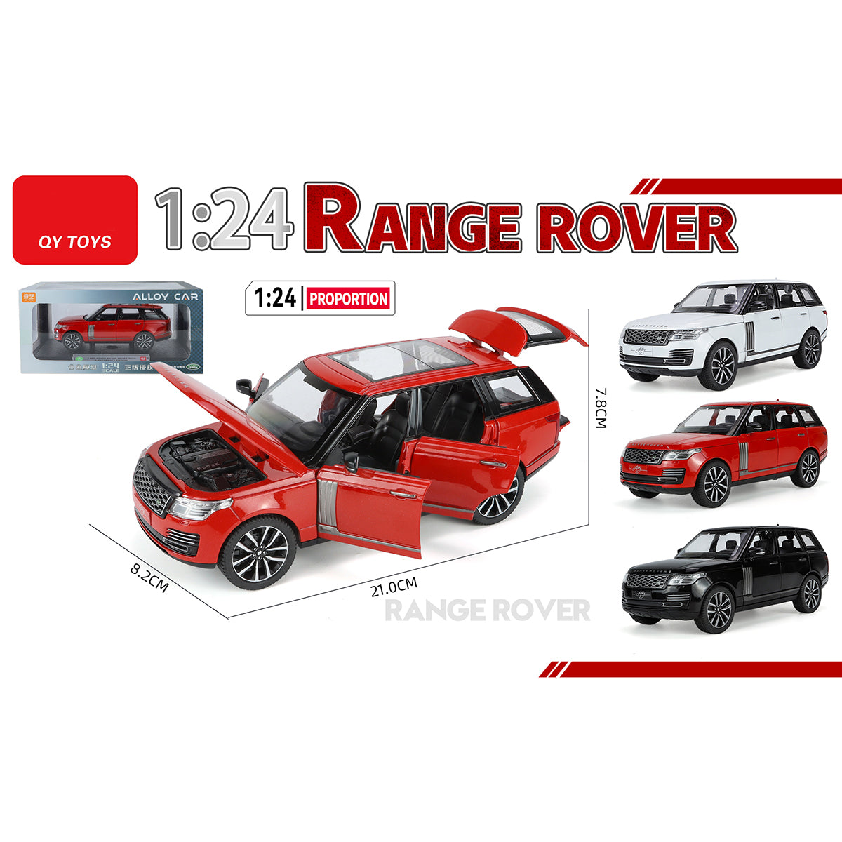 QY Toys 1:24 Alloy Die-Cast Car Model Range Rover in red with opening doors and hood, ideal for toy car collectors and kids' play vehicles.